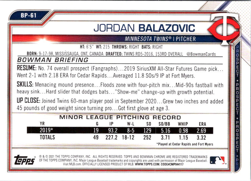 2021 Bowman Prospects Jordan Balazovic