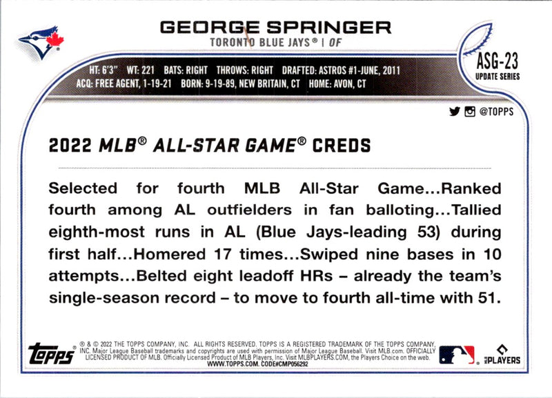 2022 Topps Update 2022 MLB All-Star Game Blue George Springer