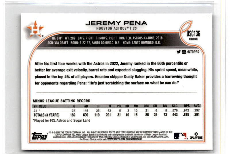 2022 Topps Chrome Update Purple Refractor Jeremy Pena