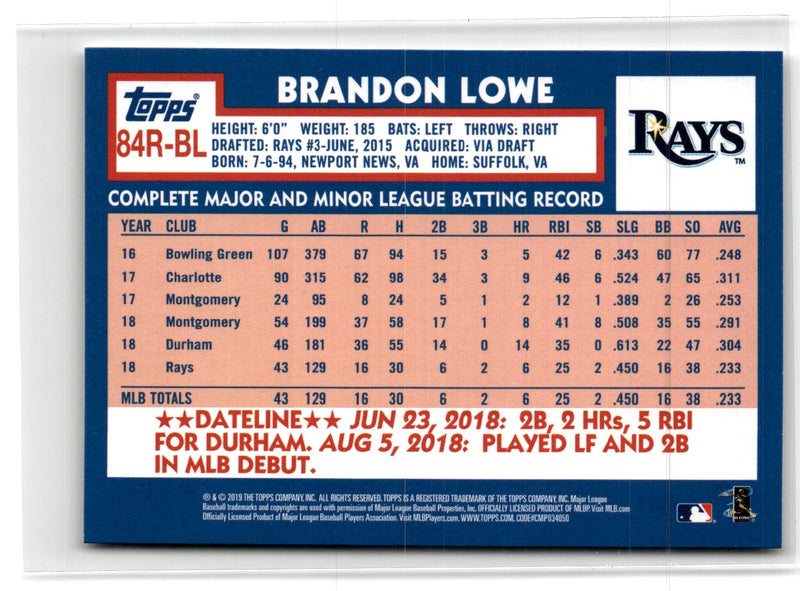 2019 Topps 1984 Baseball Rookies Brandon Lowe