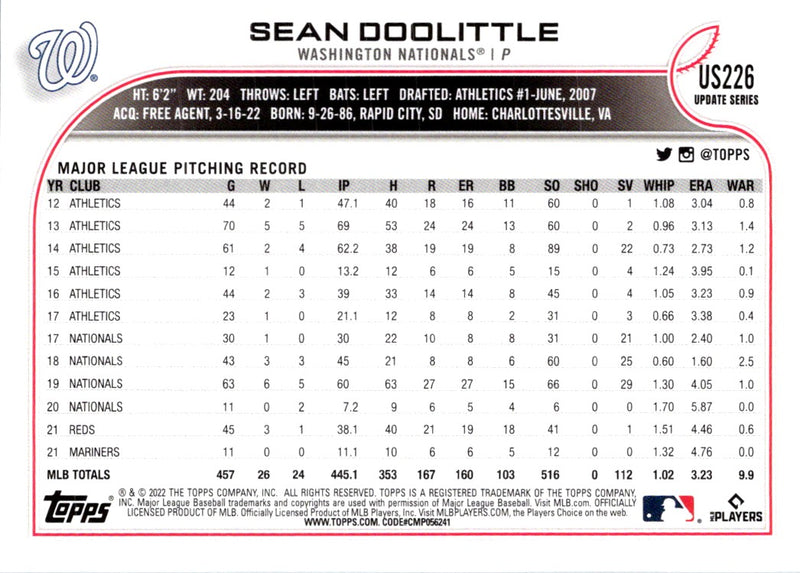 2022 Topps Update Sean Doolittle