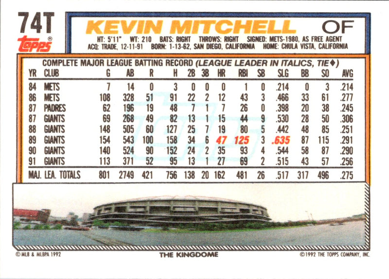 1992 Topps Traded Kevin Mitchell