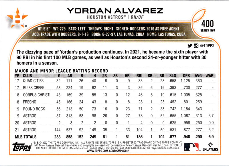 2022 Topps Yordan Alvarez