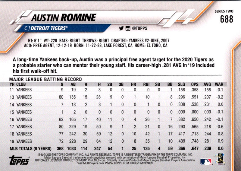 2020 Topps Austin Romine