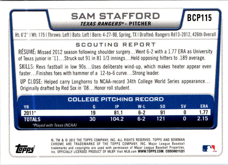 2012 Bowman Chrome Prospects Sam Stafford