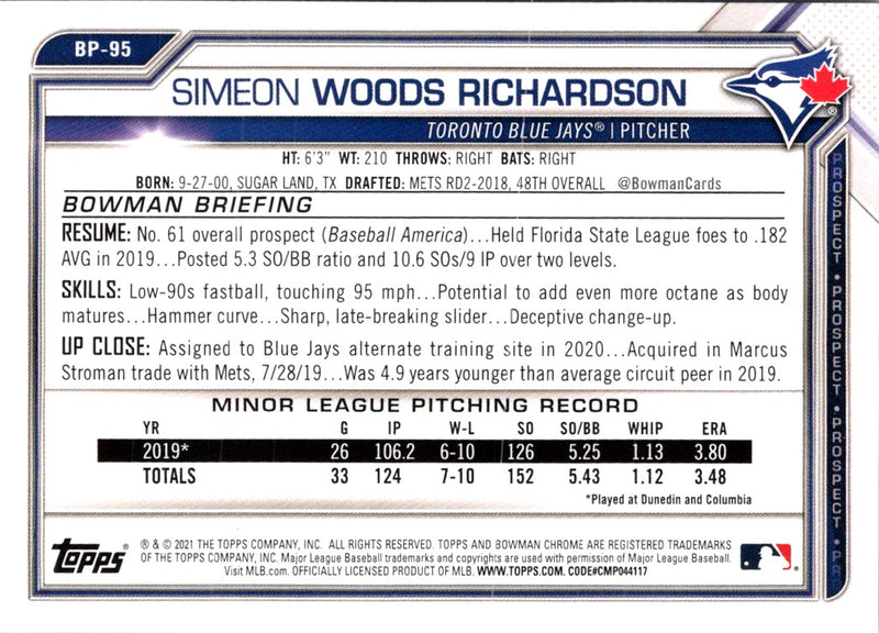 2021 Bowman Prospects Simeon Woods Richardson