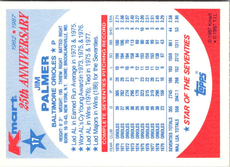 1987 Topps Kmart 25th Anniversary Jim Palmer