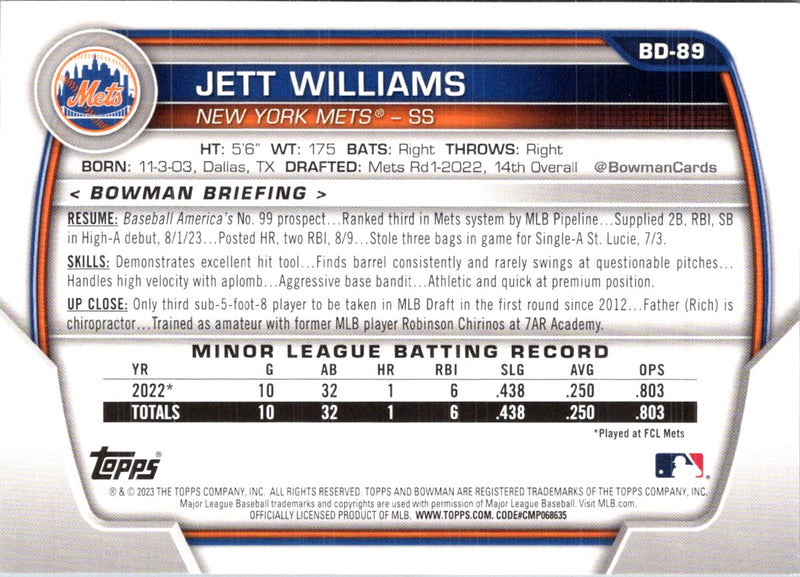 2023 Bowman Draft Jett Williams