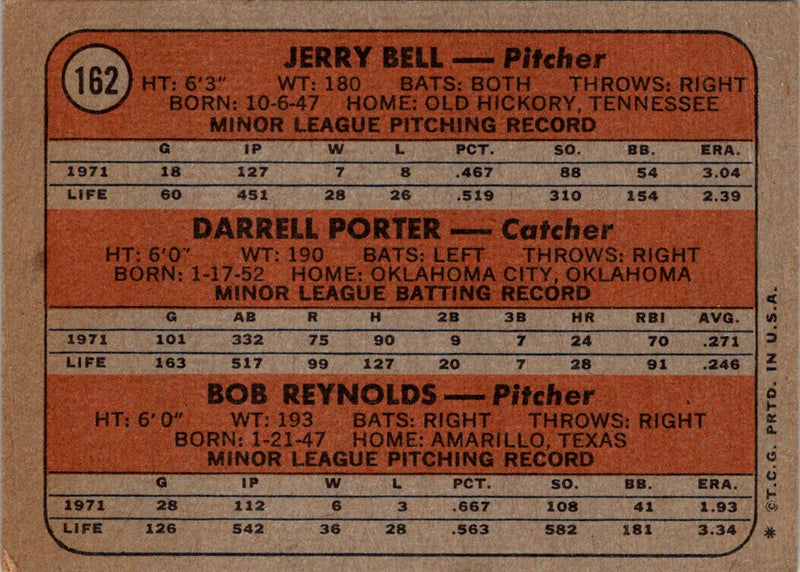 1972 Topps Brewers Rookies - Jerry Bell/Darrell Porter/Bob Reynolds