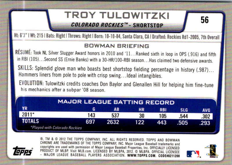 2012 Bowman Chrome Troy Tulowitzki