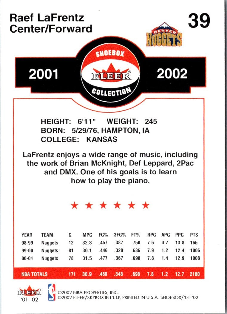 2001 Fleer Shoebox Raef LaFrentz