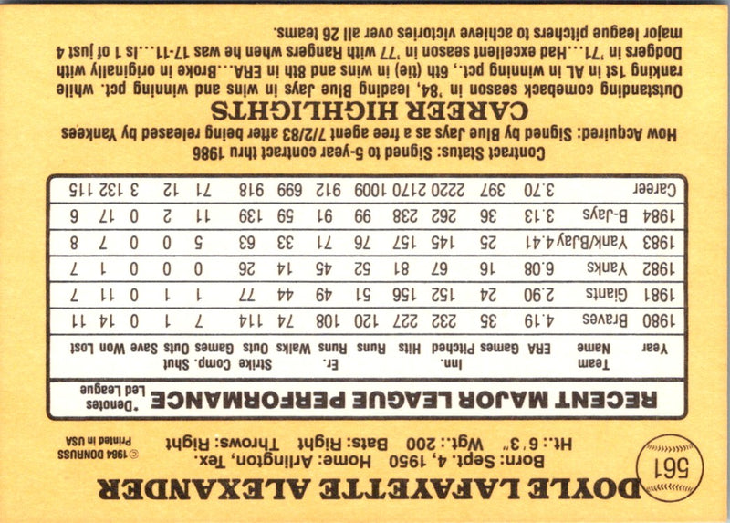 1985 Donruss Doyle Alexander
