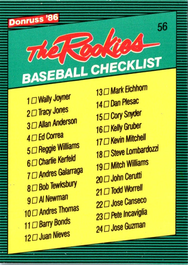1986 Donruss The Rookies Checklist 1-56 #56