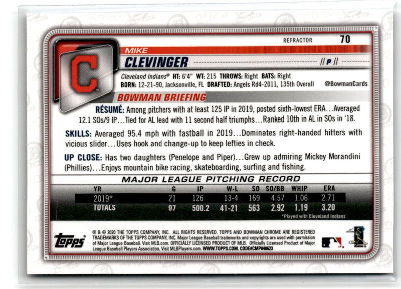 2020 Bowman Chrome Refractor Mike Clevinger