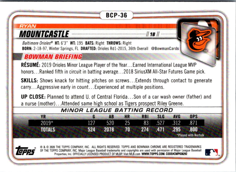 2020 Bowman Chrome Prospects Ryan Mountcastle