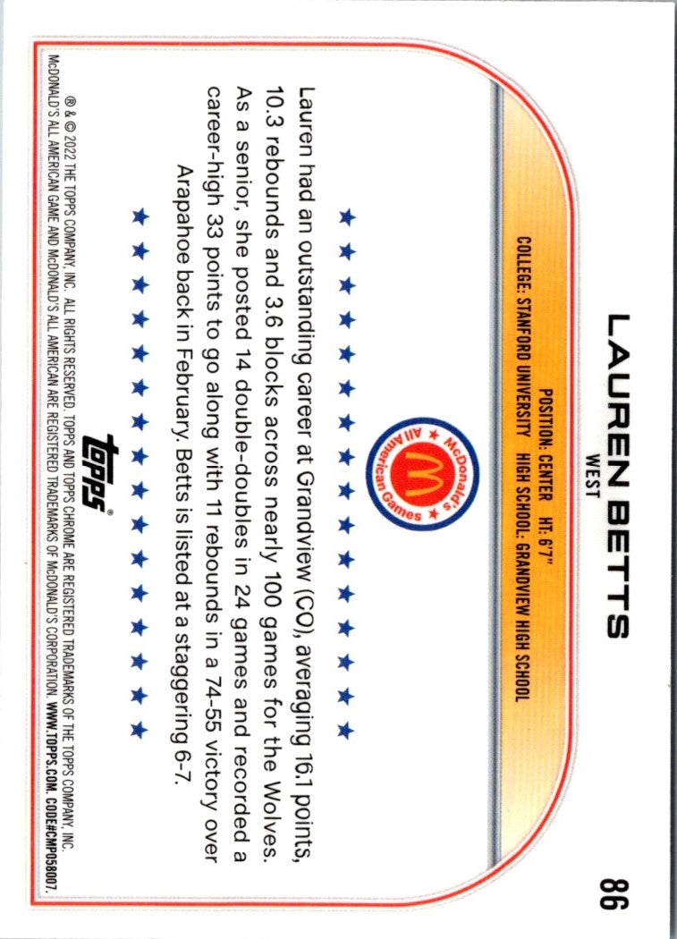 2022 Topps Chrome McDonald's All American Lauren Betts