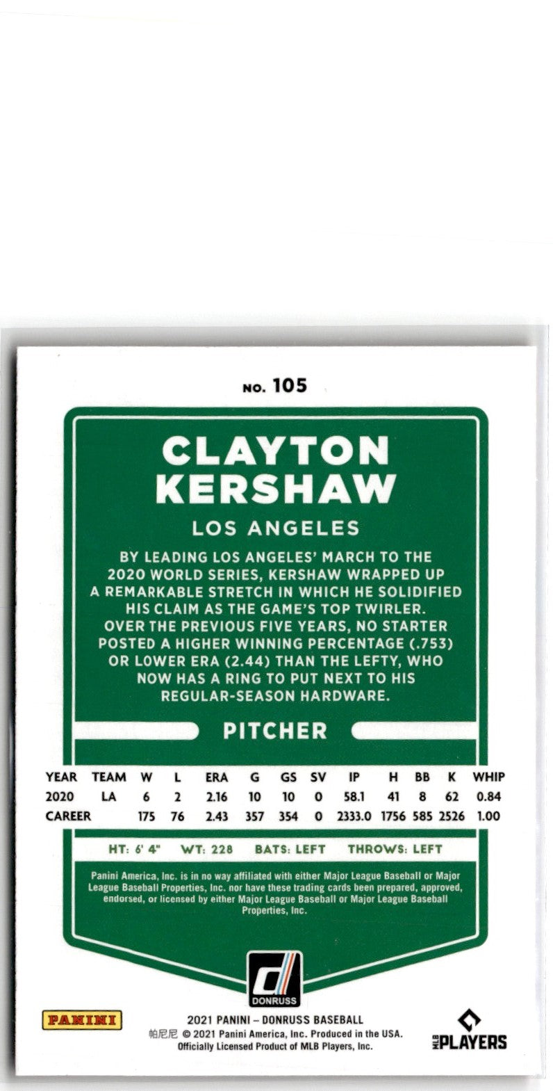 2021 Donruss Holo Red Clayton Kershaw