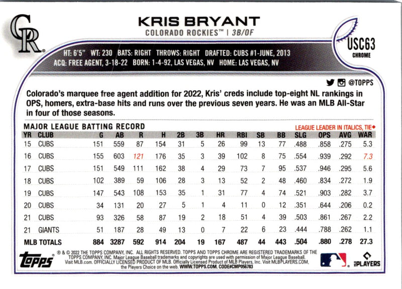 2022 Topps Chrome Update Kris Bryant