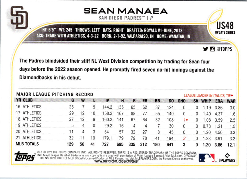 2022 Topps Update Sean Manaea