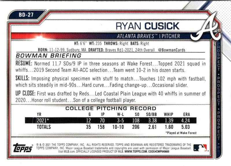 2021 Bowman Draft Ryan Cusick