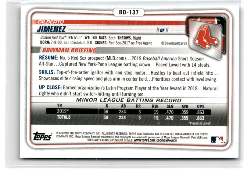 2020 Bowman Draft Sky Blue Gilberto Jimenez