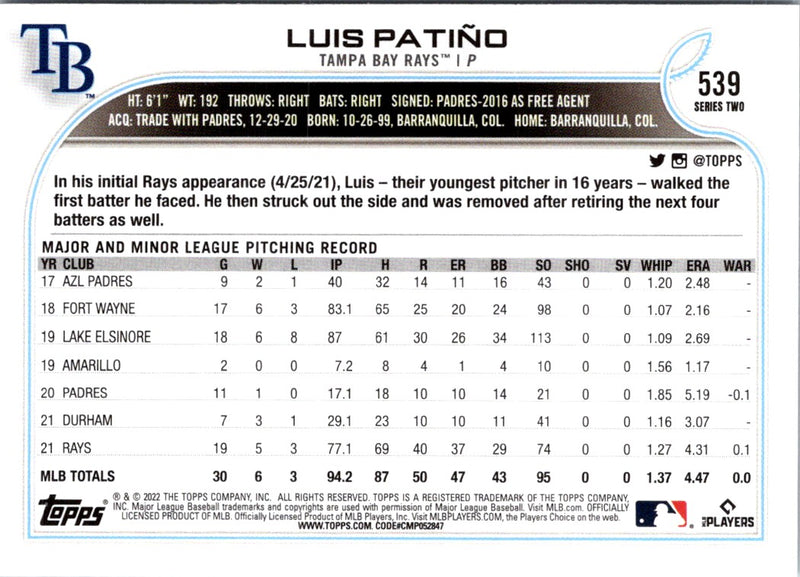 2022 Topps Luis PatiÃ±o