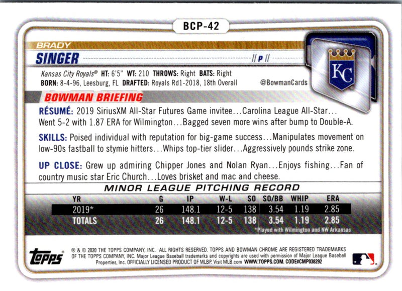 2020 Bowman Chrome Prospects Brady Singer