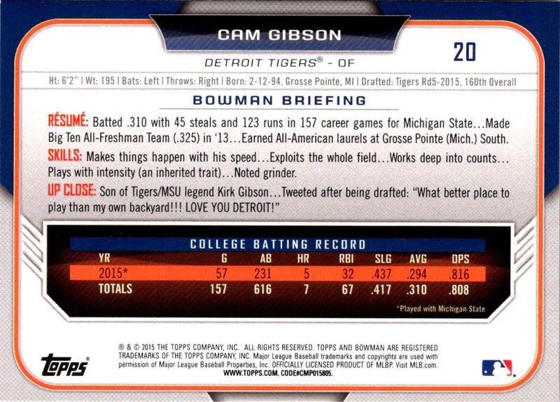 2015 Bowman Draft Picks & Prospects Cam Gibson