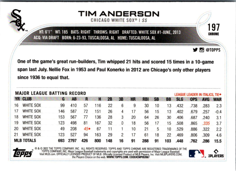 2022 Topps Chrome Sonic Black & White RayWave Tim Anderson