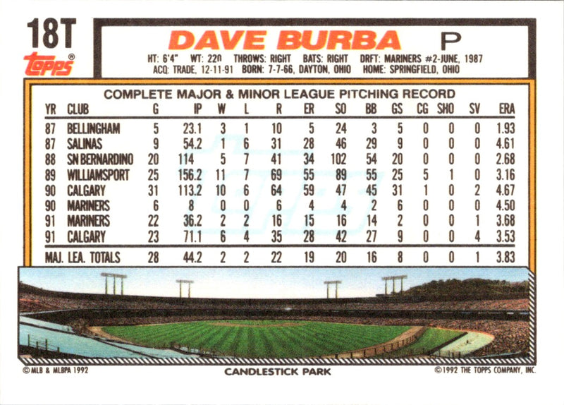 1992 Topps Traded Dave Burba