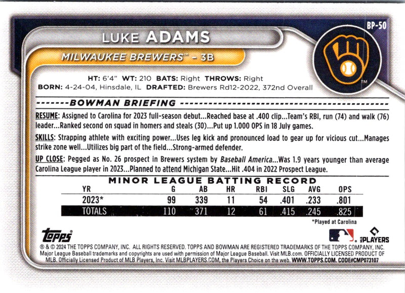 2024 Bowman Prospects Luke Adams