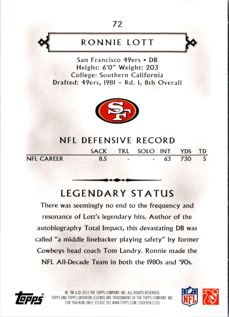 2011 Topps Gridiron Legends Ronnie Lott