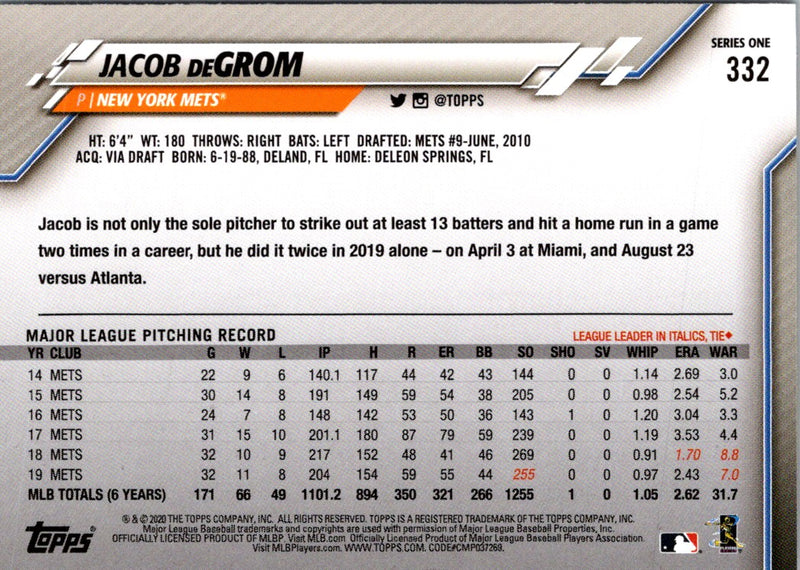 2020 Topps Jacob deGrom