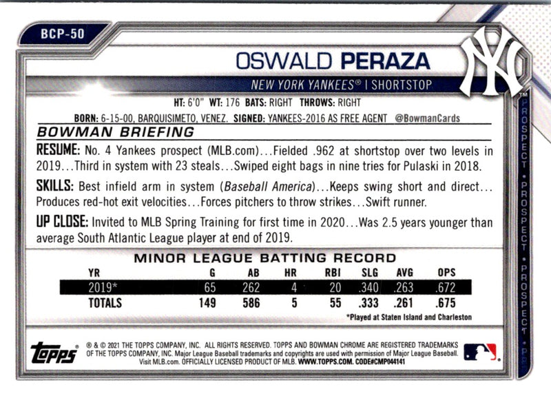 2021 Bowman Chrome Prospects Oswald Peraza