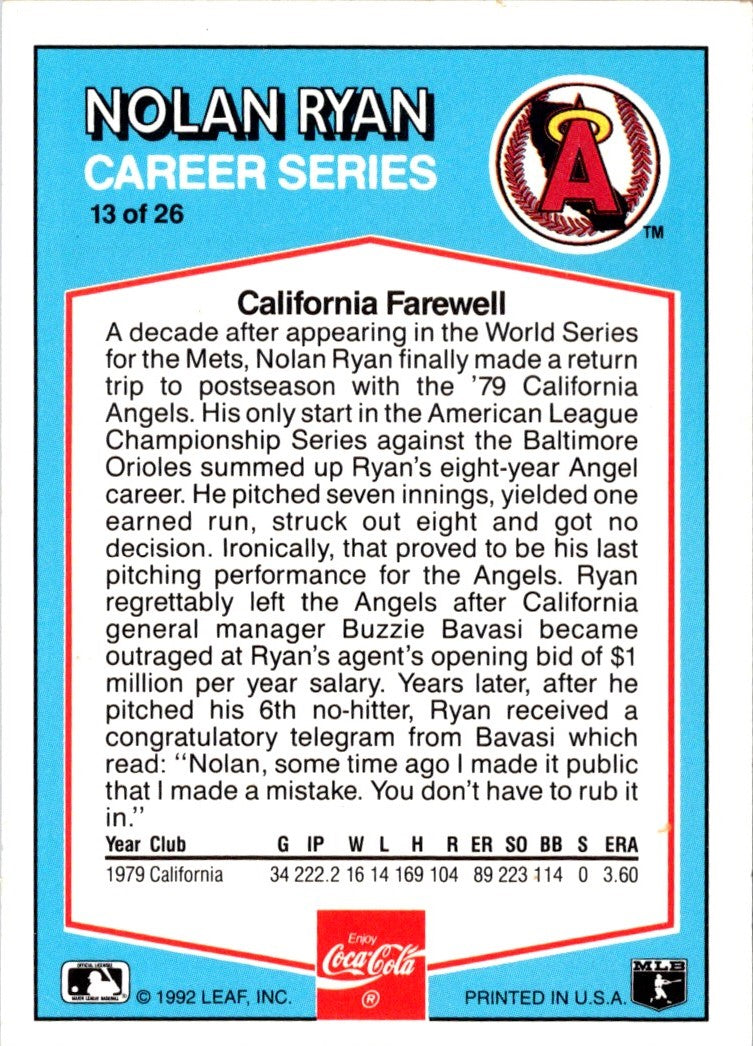 1992 Donruss Coca-Cola Nolan Ryan Nolan Ryan