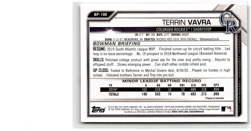 2021 Bowman Prospects Terrin Vavra