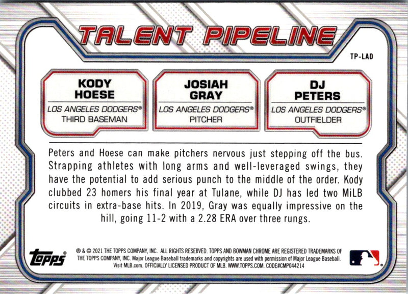 2021 Bowman Talent Pipeline Josiah Gray/Kody Hoese /