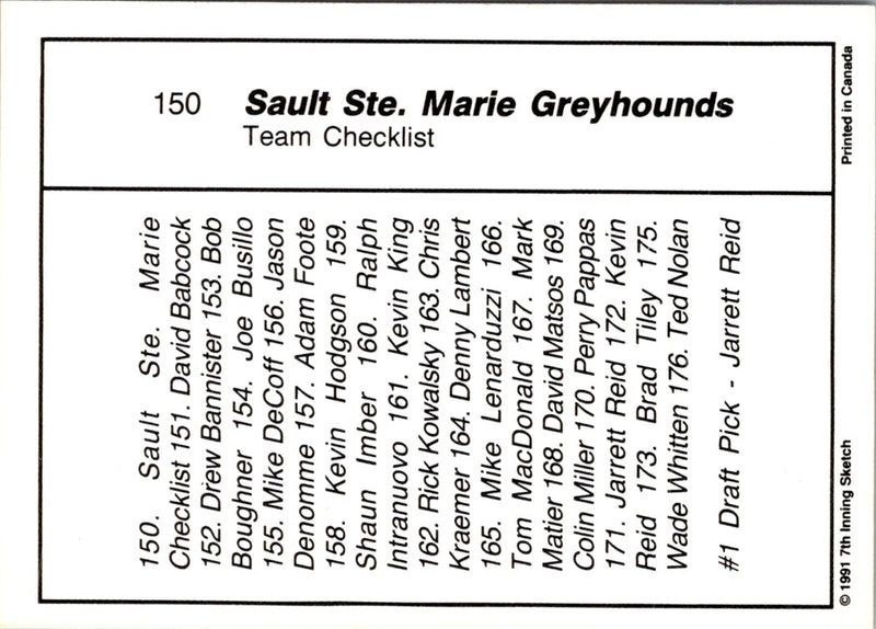 1990 7th Inning Sketch OHL Sault Ste. Marie Checklist