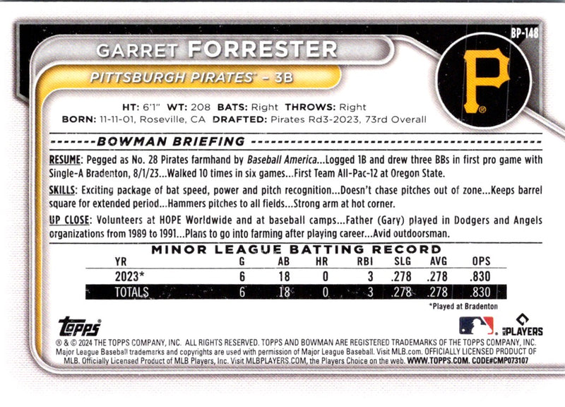 2024 Bowman Prospects Garret Forrester