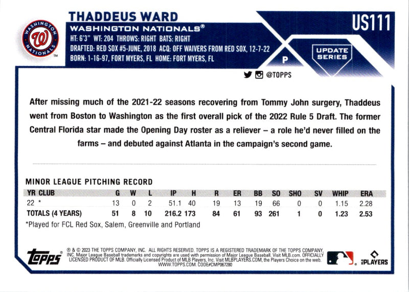 2023 Topps Update Thaddeus Ward