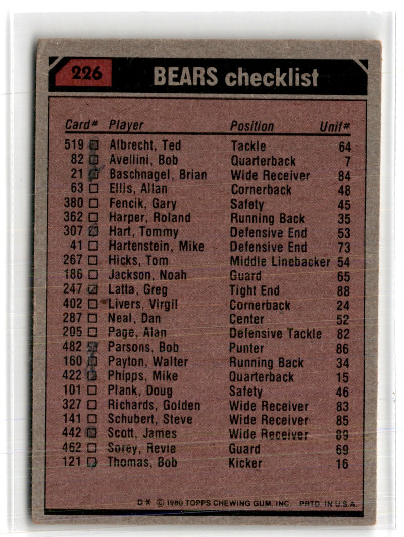 1980 Topps Walter Payton/Brian Baschnagel/Gary Fencik/Terry Schmidt/Jim Osborne