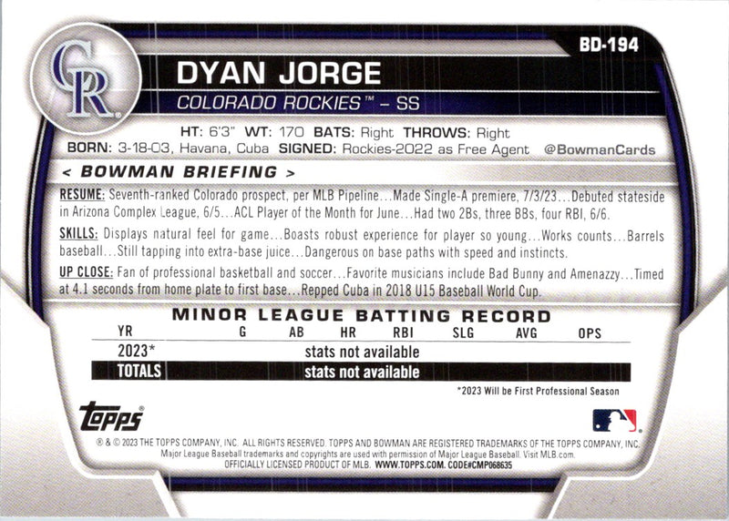 2023 Bowman Draft Dyan Jorge