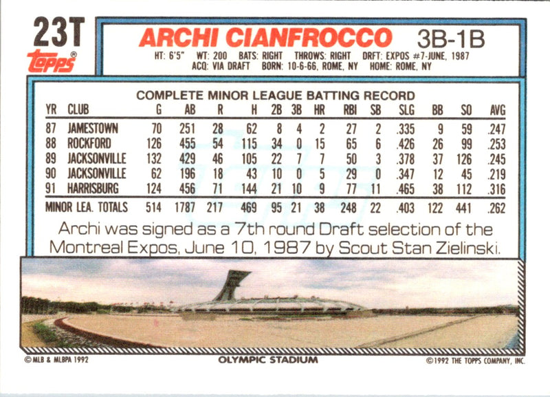 1992 Topps Traded Archi Cianfrocco