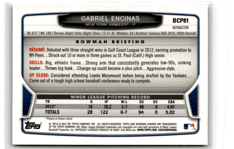 2013 Bowman Chrome Prospects Blue Wave Gabriel Encinas