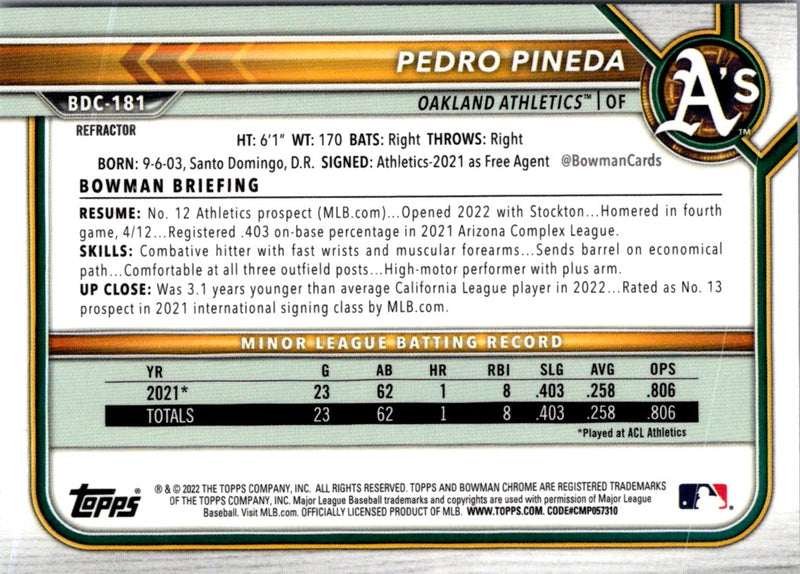 2022 Bowman Draft Baseball Chrome Pedro Pineda