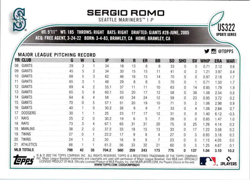 2022 Topps Update Sergio Romo