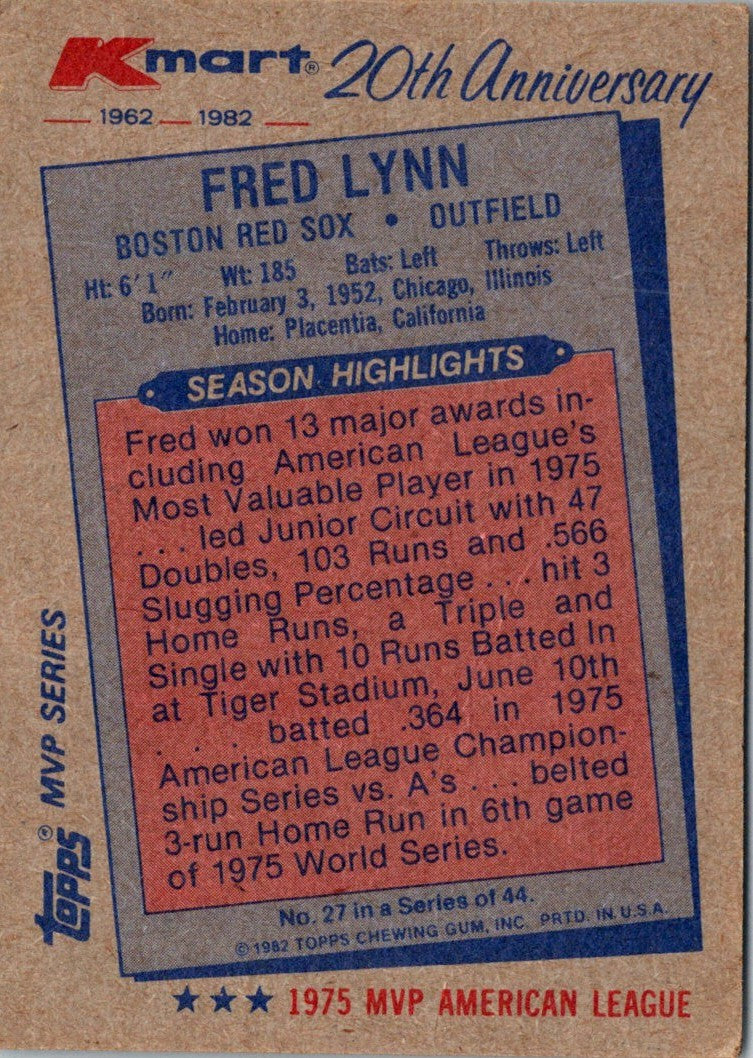 1982 Topps Kmart 20th Anniversary Fred Lynn