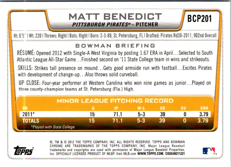 2012 Bowman Chrome Prospects Matt Benedict