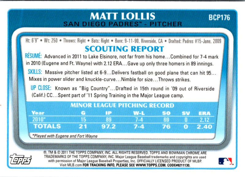 2011 Bowman Chrome Prospects Matt Lollis