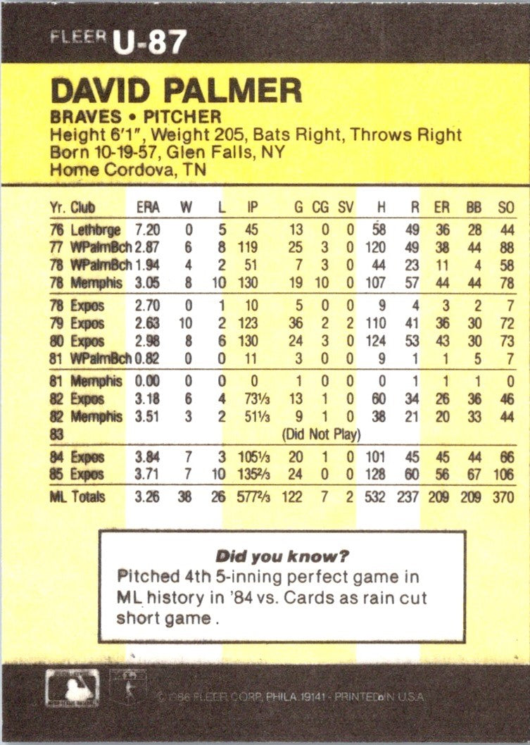 1986 Fleer Update David Palmer